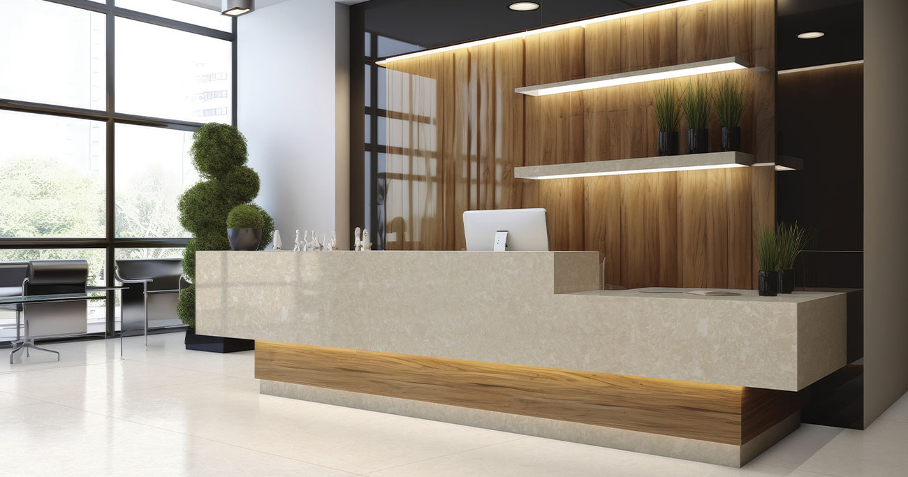 Modern office reception desk with wood-textured porcelain and surface panels