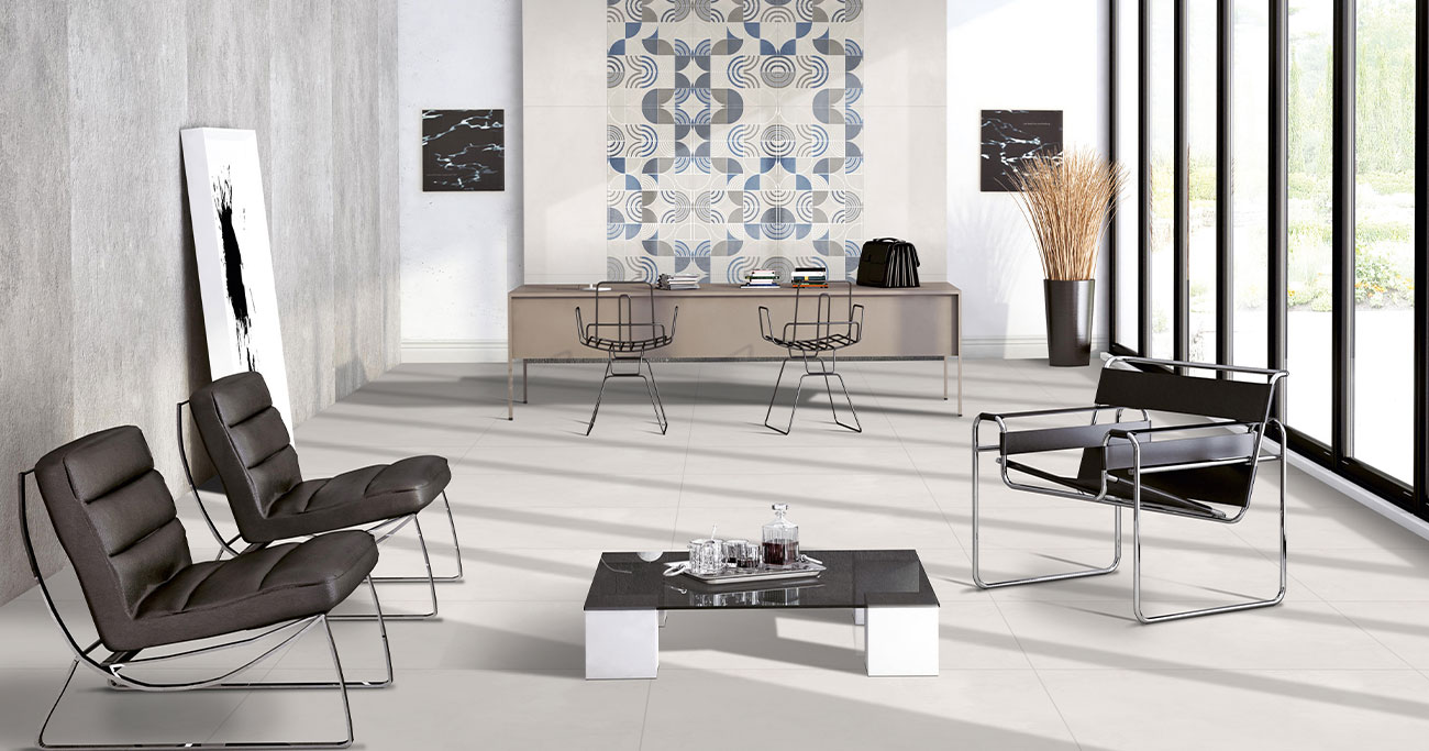 Modern living room interior with premium white porcelain floor tiles – Dharmshil Surfaces