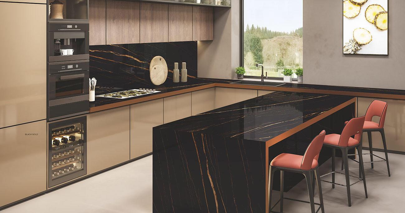 Luxury kitchen interior with wood-finish porcelain tiles