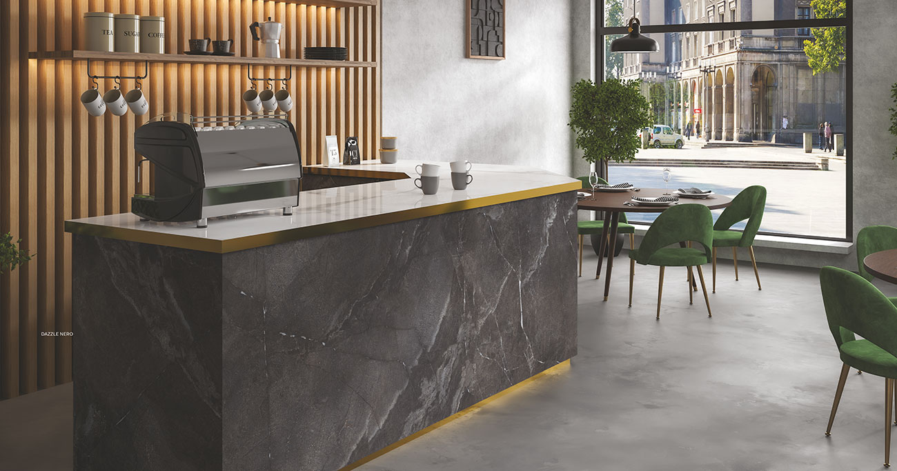 Grand staircase interior with stone-textured porcelain tiles