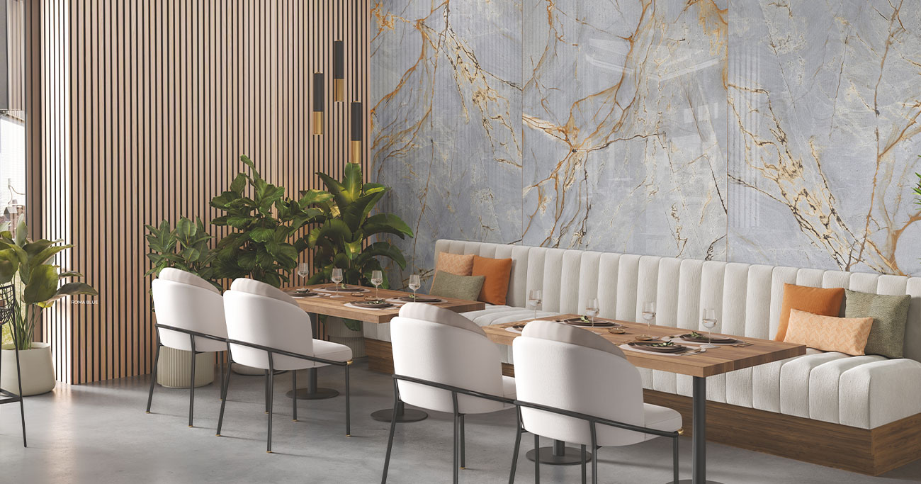 Grey marble-effect wall tiles in luxury interior décor setting