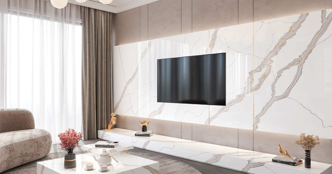 Modern bedroom with white marble-look porcelain floor tiles