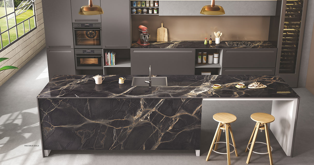 Contemporary living area with brown marble-look porcelain tiles