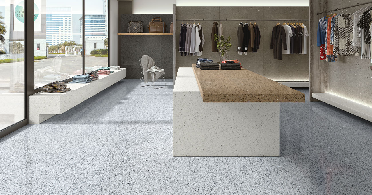 Beige marble-look tiles installed in a luxury living room