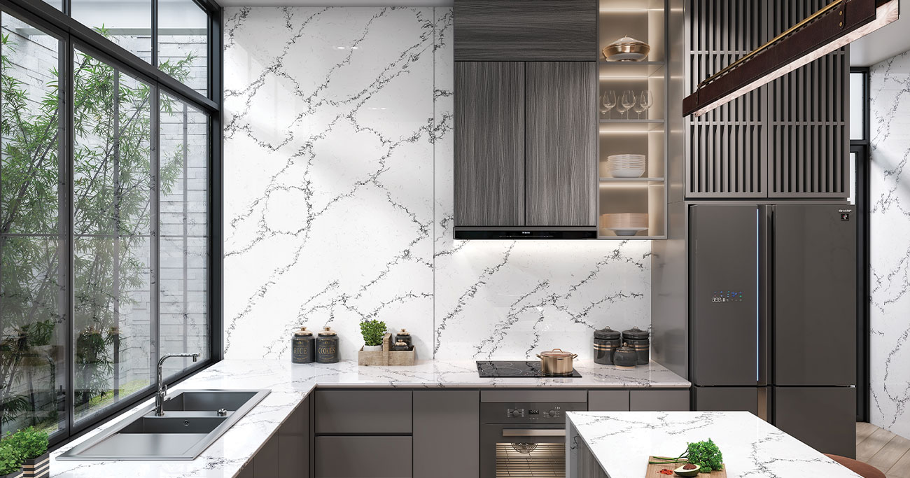 Living room interior with grey stone-textured porcelain tiles