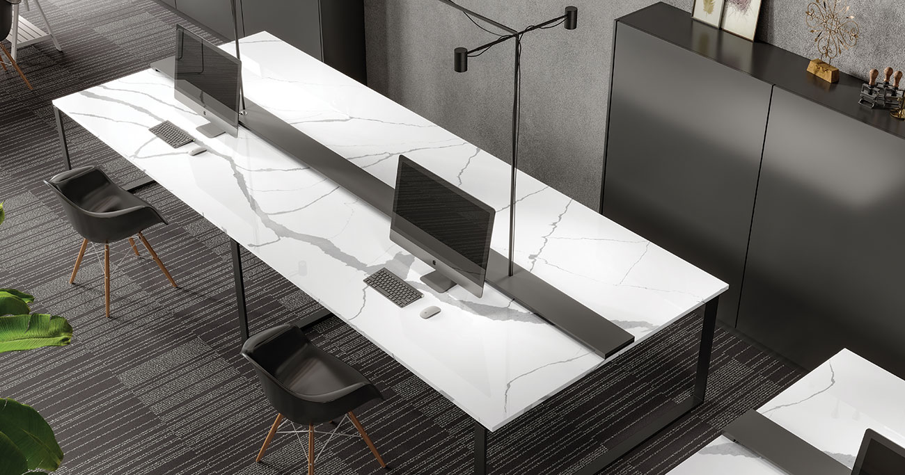 Office reception desk covered with stone-look porcelain tiles