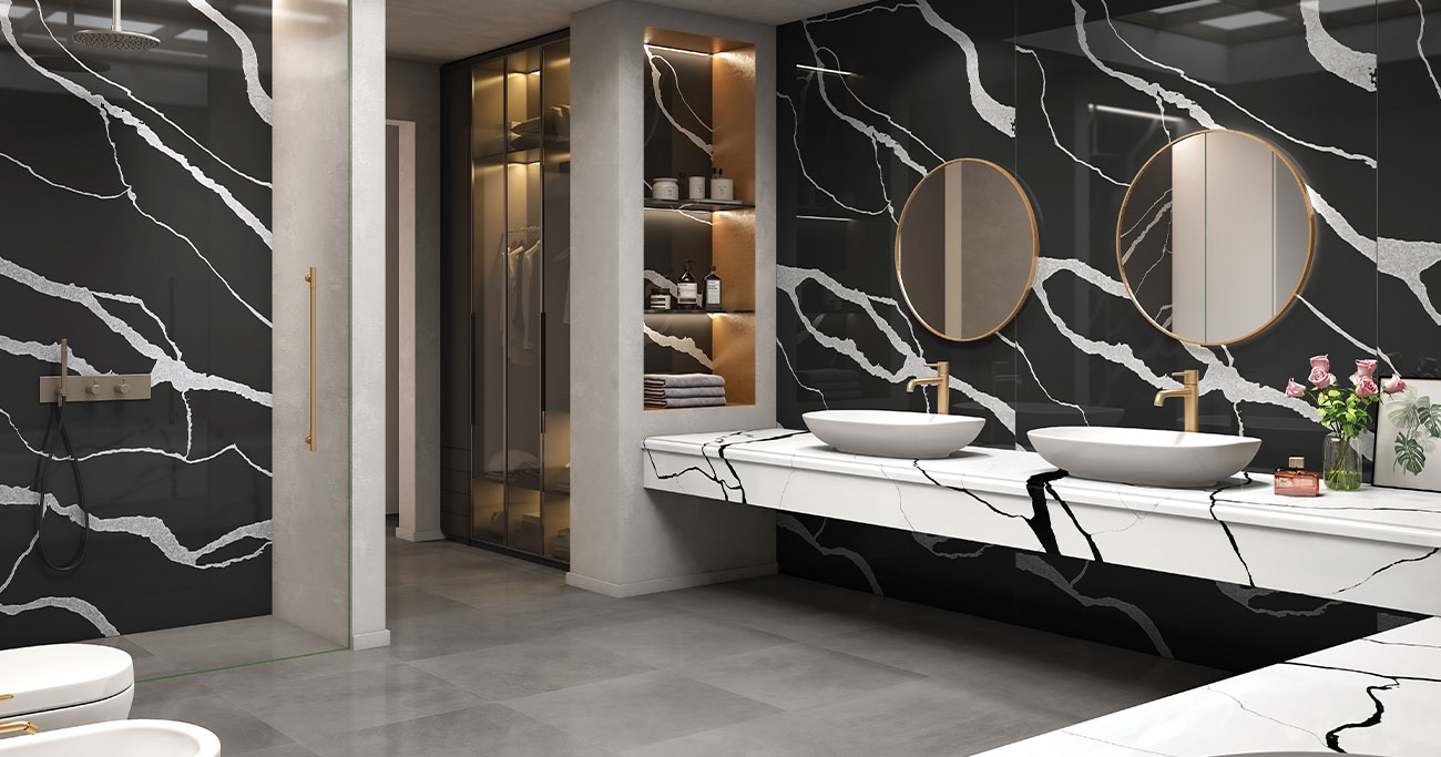 Golden-toned luxury tiles in a contemporary living room