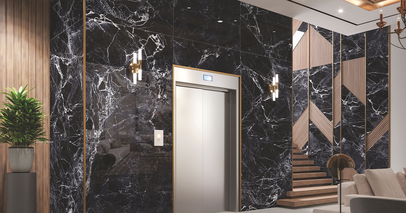 Reception area featuring black marble glossy porcelain tiles